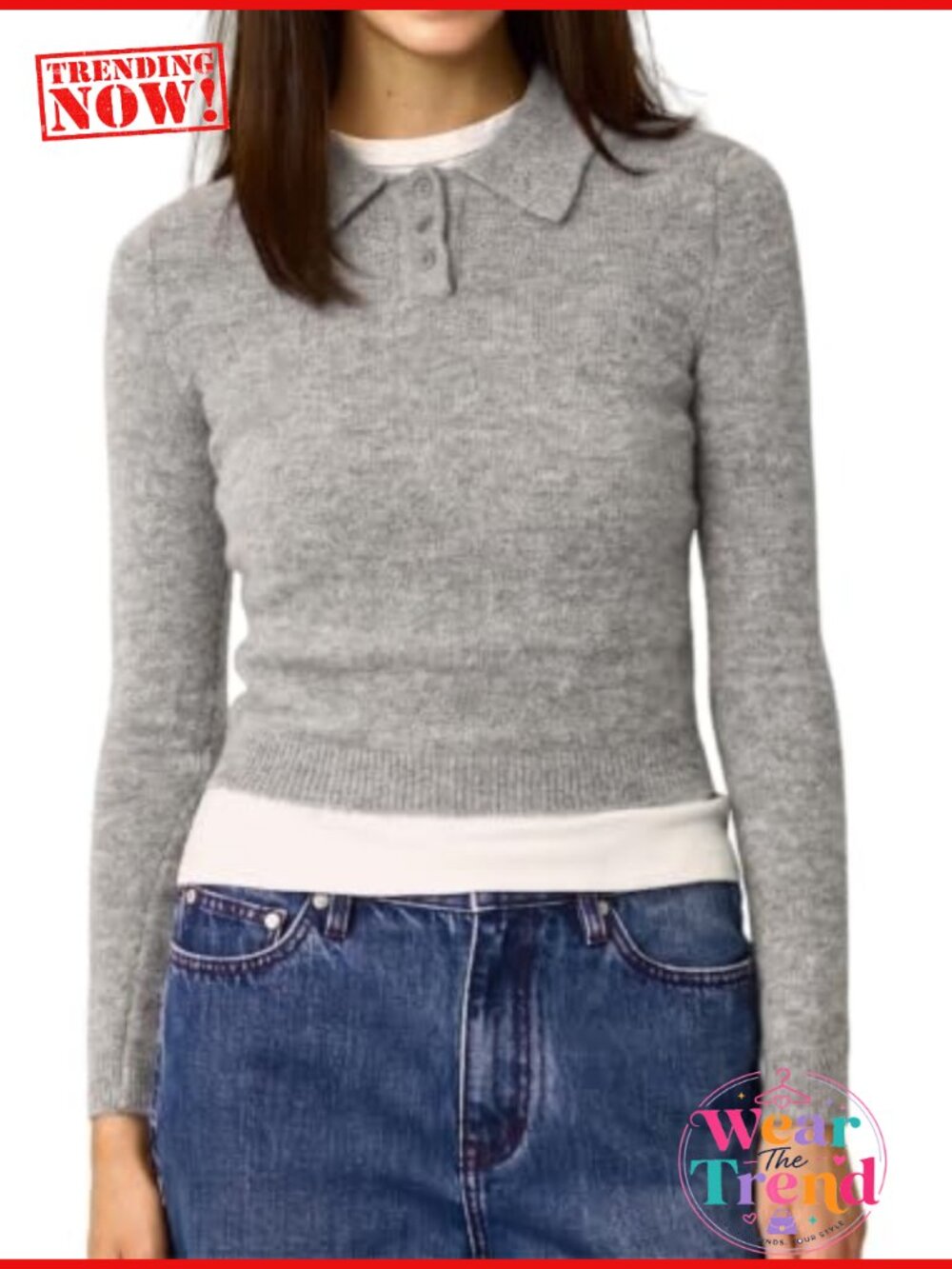 Wool Blend Long Sleeve Collared Polo Sweater Crop Top Slim Fit